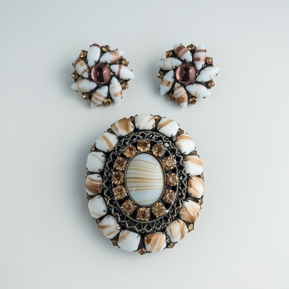 Danny Pollak Jewelry Set Glass Rhinestone Pendant Brooch and Earring Silver Tone - Picture 1 of 16